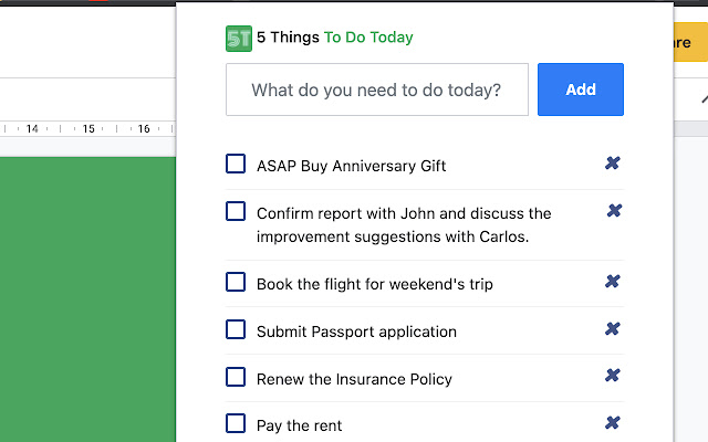5 Things To Do Today from Chrome web store to be run with OffiDocs Chromium online 5 Things To Do Today from Chrome web store to be run with OffiDocs Chromium online