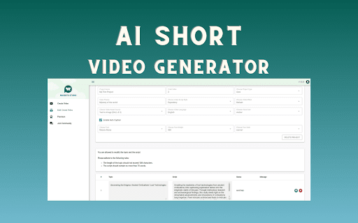 AI Short Video Generator from Chrome web store to be run with OffiDocs Chromium online AI Short Video Generator from Chrome web store to be run with OffiDocs Chromium online