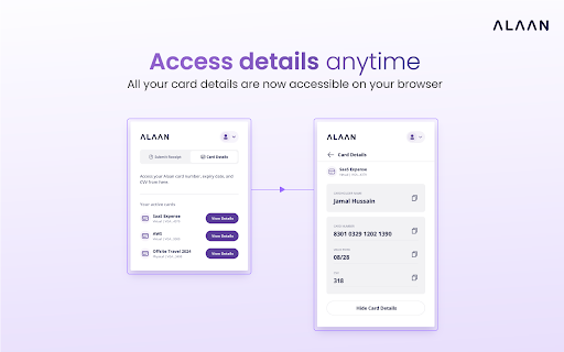Alaan Capture Receipts and View Card Details from Chrome web store to be run with OffiDocs Chromium online Alaan Capture Receipts and View Card Details from Chrome web store to be run with OffiDocs Chromium online