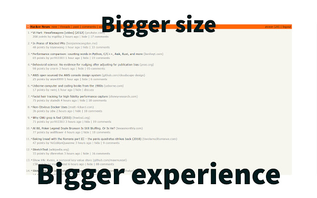 Bigger Hacker News from Chrome web store to be run with OffiDocs Chromium online Bigger Hacker News from Chrome web store to be run with OffiDocs Chromium online