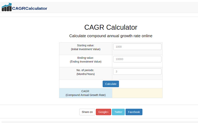 CAGR Calculator from Chrome web store to be run with OffiDocs Chromium online CAGR Calculator from Chrome web store to be run with OffiDocs Chromium online