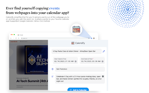Calendify: Add to Calendar w/ AI from Chrome web store to be run with OffiDocs Chromium online Calendify: Add to Calendar w/ AI from Chrome web store to be run with OffiDocs Chromium online