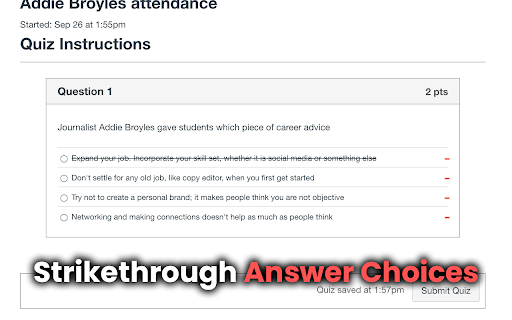 Canvas Quiz Strikethrough from Chrome web store to be run with OffiDocs Chromium online Canvas Quiz Strikethrough from Chrome web store to be run with OffiDocs Chromium online