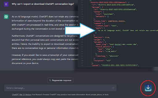 ChatGPT: Chat Log Export (JSON) from Chrome web store to be run with OffiDocs Chromium online ChatGPT: Chat Log Export (JSON) from Chrome web store to be run with OffiDocs Chromium online