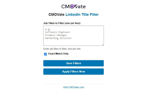 CMOVate LinkedIn Title Filter from Chrome web store to be run with OffiDocs Chromium online CMOVate LinkedIn Title Filter from Chrome web store to be run with OffiDocs Chromium online