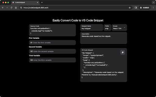 Code2Snippet from Chrome web store to be run with OffiDocs Chromium online Code2Snippet from Chrome web store to be run with OffiDocs Chromium online