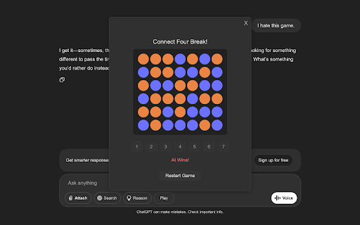 Connect Four: ChatGPT Entertainment from Chrome web store to be run with OffiDocs Chromium online Connect Four: ChatGPT Entertainment from Chrome web store to be run with OffiDocs Chromium online