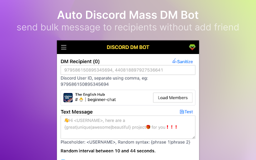 dSender Mass DM bot for Discord™️ from Chrome web store to be run with OffiDocs Chromium online dSender Mass DM bot for Discord™️ from Chrome web store to be run with OffiDocs Chromium online