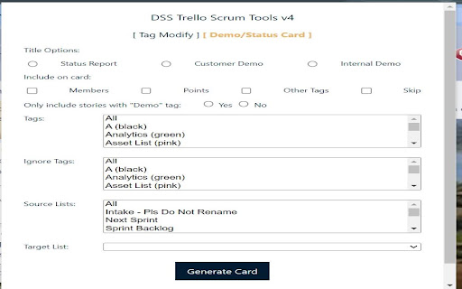 DSS Trello Scrum Tools v4 from Chrome web store to be run with OffiDocs Chromium online DSS Trello Scrum Tools v4 from Chrome web store to be run with OffiDocs Chromium online