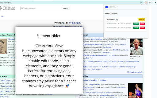 Element Hider Clean Your View from Chrome web store to be run with OffiDocs Chromium online Element Hider Clean Your View from Chrome web store to be run with OffiDocs Chromium online