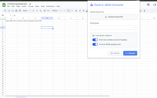 Excel to JSON Converter from Chrome web store to be run with OffiDocs Chromium online Excel to JSON Converter from Chrome web store to be run with OffiDocs Chromium online