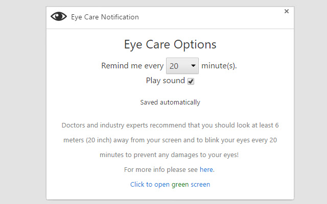 Eye Care Notification from Chrome web store to be run with OffiDocs Chromium online Eye Care Notification from Chrome web store to be run with OffiDocs Chromium online