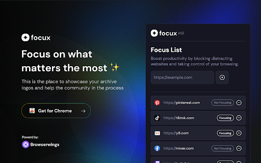 Focux: Focus On What Matters Most from Chrome web store to be run with OffiDocs Chromium online Focux: Focus On What Matters Most from Chrome web store to be run with OffiDocs Chromium online