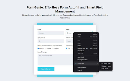 FormGenie: Effortless Form Autofill and Smart Field Management from Chrome web store to be run with OffiDocs Chromium online FormGenie: Effortless Form Autofill and Smart Field Management from Chrome web store to be run with OffiDocs Chromium online
