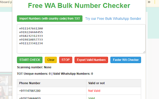 Free WA Bulk Number Checker from Chrome web store to be run with OffiDocs Chromium online Free WA Bulk Number Checker from Chrome web store to be run with OffiDocs Chromium online