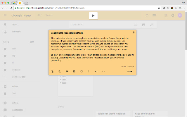Google Keep Presentation Mode from Chrome web store to be run with OffiDocs Chromium online Google Keep Presentation Mode from Chrome web store to be run with OffiDocs Chromium online