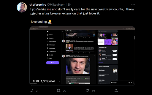 Hide Tweet Views from Chrome web store to be run with OffiDocs Chromium online Hide Tweet Views from Chrome web store to be run with OffiDocs Chromium online