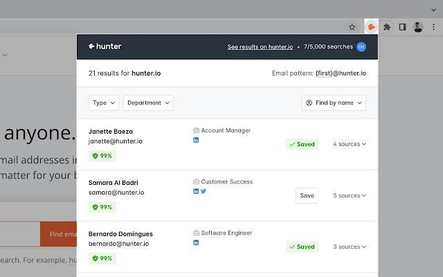 Hunter Email Finder Extension from Chrome web store to be run with OffiDocs Chromium online Hunter Email Finder Extension from Chrome web store to be run with OffiDocs Chromium online