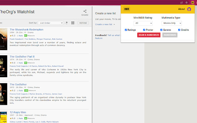 IMDB Watchlist Randomizer from Chrome web store to be run with OffiDocs Chromium online IMDB Watchlist Randomizer from Chrome web store to be run with OffiDocs Chromium online