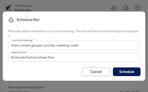 Kickscale Sales Meeting Assistant from Chrome web store to be run with OffiDocs Chromium online Kickscale Sales Meeting Assistant from Chrome web store to be run with OffiDocs Chromium online