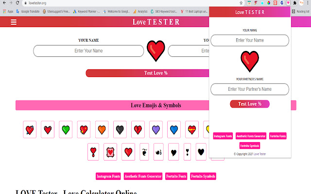 Love Tester from Chrome web store to be run with OffiDocs Chromium online Love Tester from Chrome web store to be run with OffiDocs Chromium online