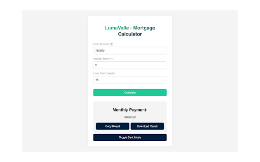 Lumavalle Mortgage Calculator from Chrome web store to be run with OffiDocs Chromium online Lumavalle Mortgage Calculator from Chrome web store to be run with OffiDocs Chromium online