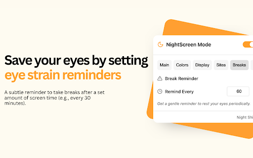 NightScreen Mode: Dark Mode Eye Strain Relief from Chrome web store to be run with OffiDocs Chromium online NightScreen Mode: Dark Mode Eye Strain Relief from Chrome web store to be run with OffiDocs Chromium online
