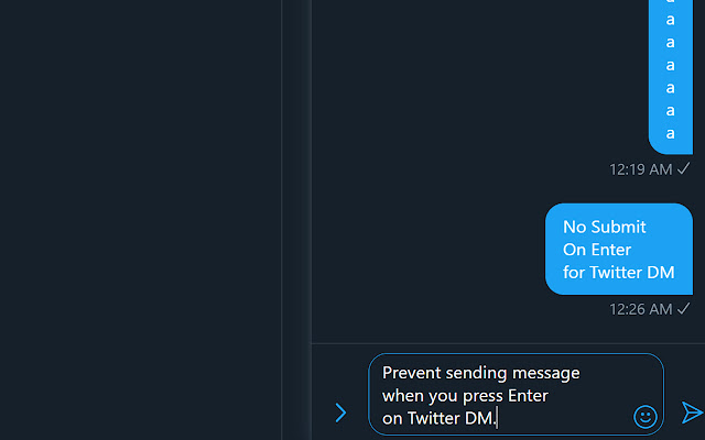 No Submit On Enter for Twitter DM from Chrome web store to be run with OffiDocs Chromium online No Submit On Enter for Twitter DM from Chrome web store to be run with OffiDocs Chromium online