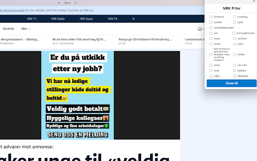 NRK Filter from Chrome web store to be run with OffiDocs Chromium online NRK Filter from Chrome web store to be run with OffiDocs Chromium online
