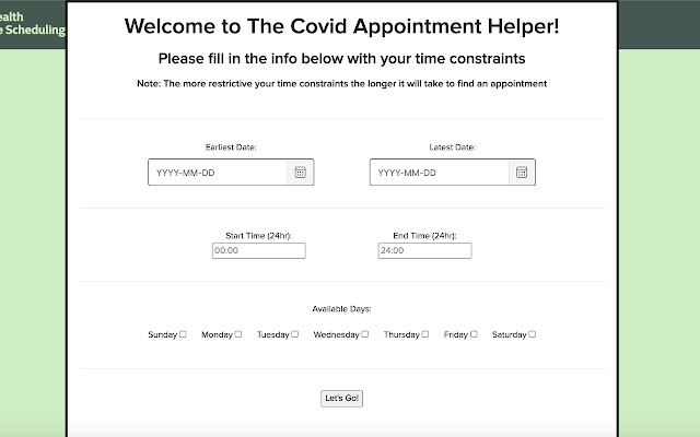 NY State Covid Appointment Grabber Lite from Chrome web store to be run with OffiDocs Chromium online NY State Covid Appointment Grabber Lite from Chrome web store to be run with OffiDocs Chromium online