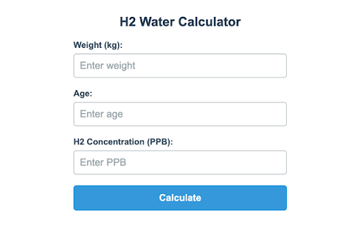 Ocemida Hydrogen Water Intake Calculator from Chrome web store to be run with OffiDocs Chromium online Ocemida Hydrogen Water Intake Calculator from Chrome web store to be run with OffiDocs Chromium online