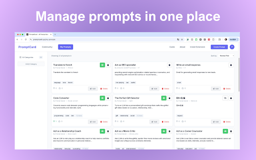 PromptCard Prompt quick insert, manage, and share from Chrome web store to be run with OffiDocs Chromium online PromptCard Prompt quick insert, manage, and share from Chrome web store to be run with OffiDocs Chromium online