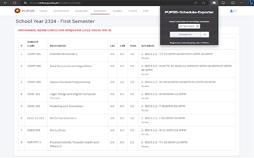 PUPSIS Schedule Exporter from Chrome web store to be run with OffiDocs Chromium online PUPSIS Schedule Exporter from Chrome web store to be run with OffiDocs Chromium online