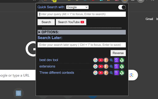 Quick Search (Save Search for Later) from Chrome web store to be run with OffiDocs Chromium online Quick Search (Save Search for Later) from Chrome web store to be run with OffiDocs Chromium online