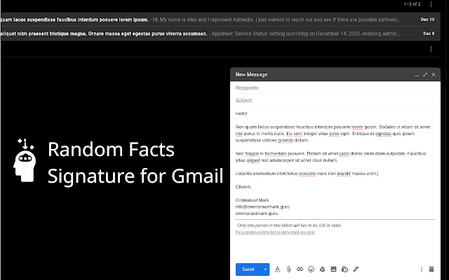 Random Fact Email from Chrome web store to be run with OffiDocs Chromium online Random Fact Email from Chrome web store to be run with OffiDocs Chromium online