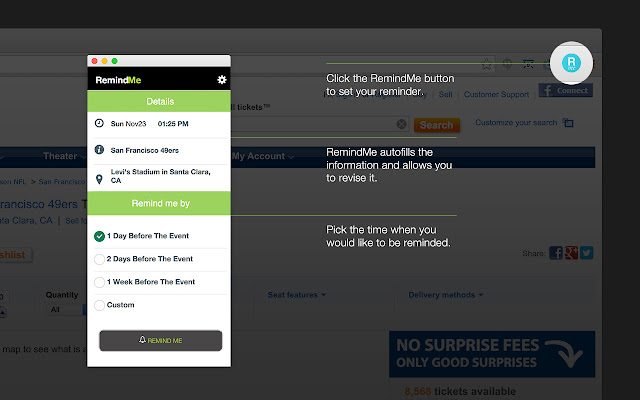 Remind Me! By StubHub Labs from Chrome web store to be run with OffiDocs Chromium online Remind Me! By StubHub Labs from Chrome web store to be run with OffiDocs Chromium online