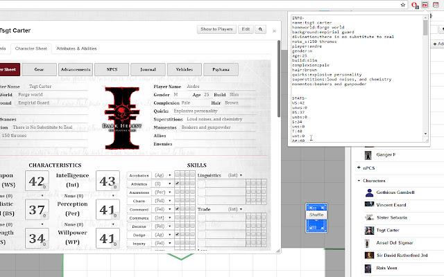 Roll20 Character Parser 40k Dark Heresy from Chrome web store to be run with OffiDocs Chromium online Roll20 Character Parser 40k Dark Heresy from Chrome web store to be run with OffiDocs Chromium online