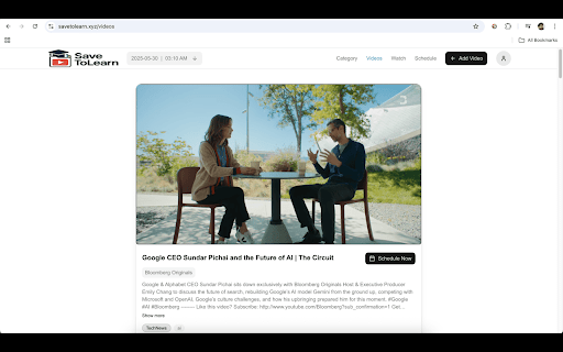 Save to Learn | Youtube Video Save and Schedule from Chrome web store to be run with OffiDocs Chromium online Save to Learn | Youtube Video Save and Schedule from Chrome web store to be run with OffiDocs Chromium online