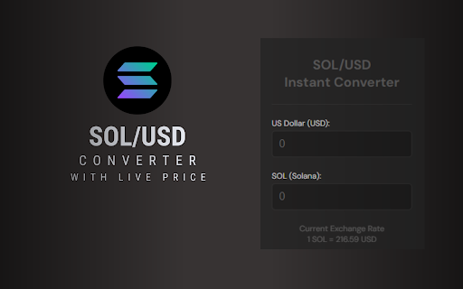 SOLUSD — instant Solana/USD converter from Chrome web store to be run with OffiDocs Chromium online SOLUSD — instant Solana/USD converter from Chrome web store to be run with OffiDocs Chromium online