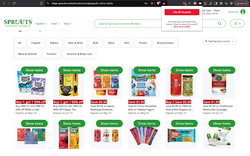 Sprouts Coupon Clipper from Chrome web store to be run with OffiDocs Chromium online Sprouts Coupon Clipper from Chrome web store to be run with OffiDocs Chromium online