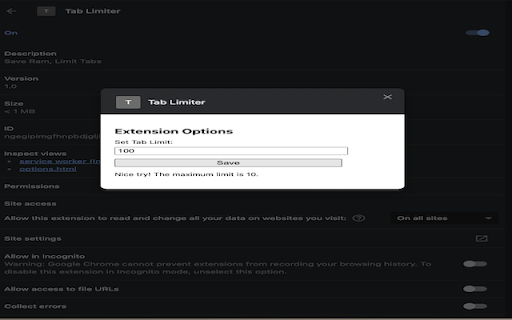 Tab Limiter 10 from Chrome web store to be run with OffiDocs Chromium online Tab Limiter 10 from Chrome web store to be run with OffiDocs Chromium online