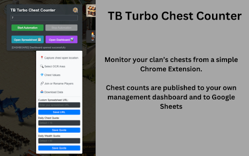 TB Turbo Chest Counter from Chrome web store to be run with OffiDocs Chromium online TB Turbo Chest Counter from Chrome web store to be run with OffiDocs Chromium online