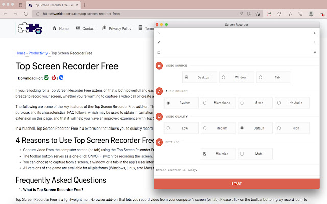 Top Screen Recorder Free from Chrome web store to be run with OffiDocs Chromium online Top Screen Recorder Free from Chrome web store to be run with OffiDocs Chromium online