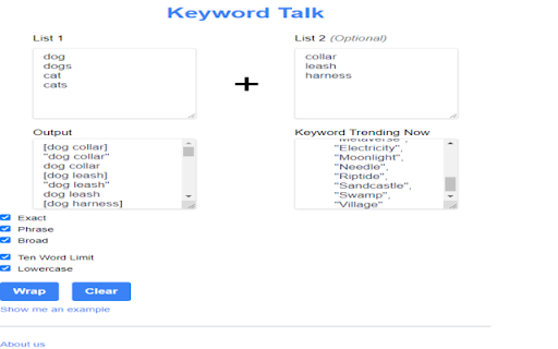 TrendWrapper Keyword Generator Keywordtalk from Chrome web store to be run with OffiDocs Chromium online TrendWrapper Keyword Generator Keywordtalk from Chrome web store to be run with OffiDocs Chromium online