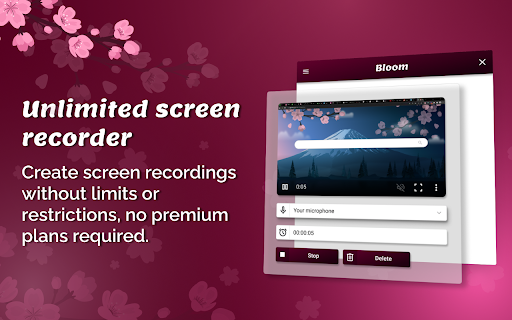 Unlimited Free Screen Recorder Bloom from Chrome web store to be run with OffiDocs Chromium online Unlimited Free Screen Recorder Bloom from Chrome web store to be run with OffiDocs Chromium online