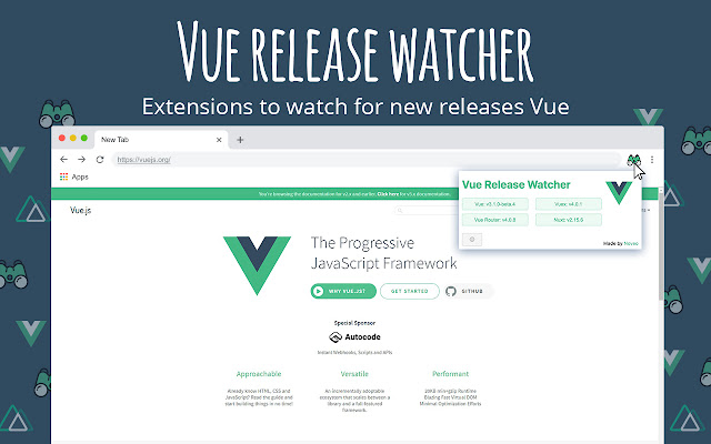 Vue release watcher from Chrome web store to be run with OffiDocs Chromium online Vue release watcher from Chrome web store to be run with OffiDocs Chromium online