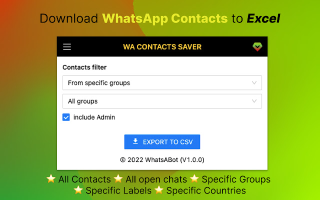 WAContactSaver Export WA Contacts Tool from Chrome web store to be run with OffiDocs Chromium online WAContactSaver Export WA Contacts Tool from Chrome web store to be run with OffiDocs Chromium online