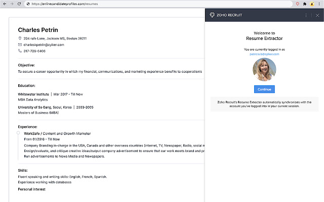 Zoho Recruits Resume Extractor from Chrome web store to be run with OffiDocs Chromium online Zoho Recruits Resume Extractor from Chrome web store to be run with OffiDocs Chromium online
