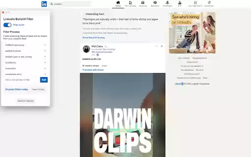 LinkedIn Bullshit Filter from Chrome web store to be run with OffiDocs Chromium online LinkedIn Bullshit Filter from Chrome web store to be run with OffiDocs Chromium online