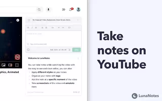 LunaNotes Take notes on YouTube™ from Chrome web store to be run with OffiDocs Chromium online LunaNotes Take notes on YouTube™ from Chrome web store to be run with OffiDocs Chromium online
